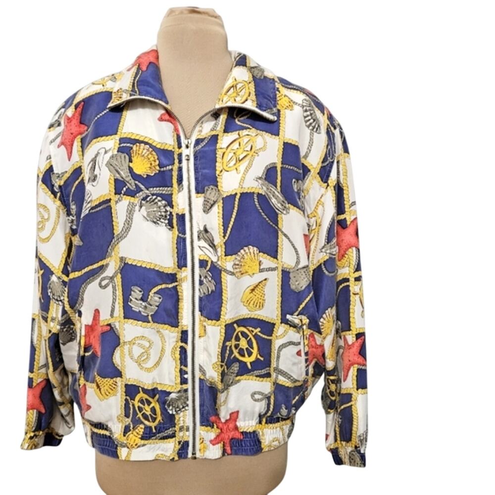 Mureli Silk‎ Jacket L Nautical Starfish Seashell Captains Wheel Sailor Full Zip